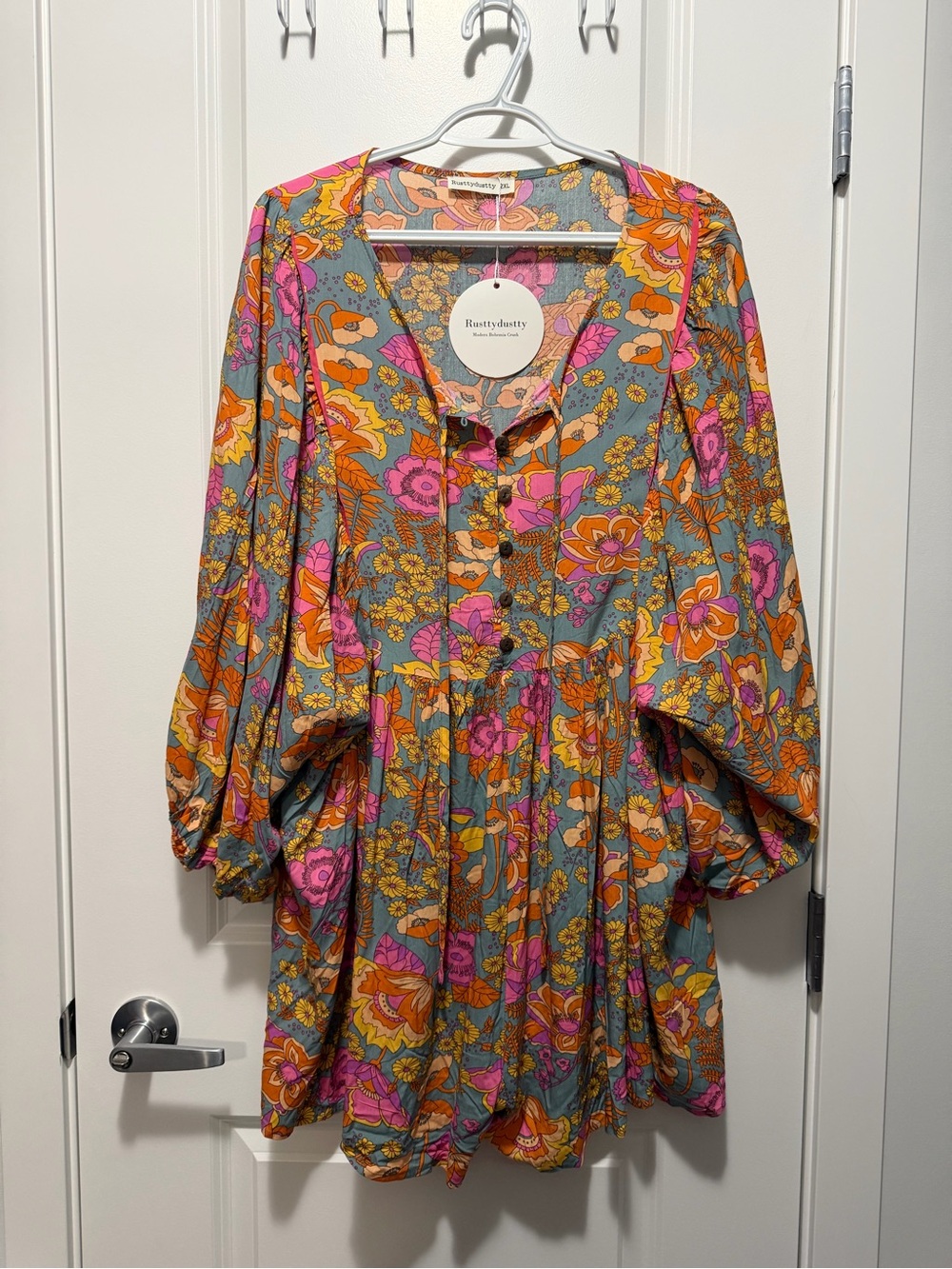 SHEIN Floral Button-Front Long-Sleeve Romper in Green, Pink & Orange